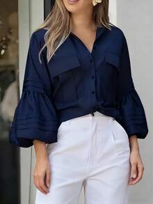 Áo sơ mi nữ tay chuông màu trơn thanh lịch, kiểu dáng thường ngày, phù hợp đi làm - Bộ sưu tập Xuân/Thu mới - Màu xanh lam - Xem 3