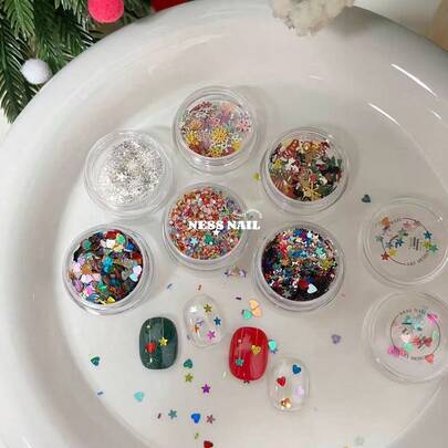 Y2K美甲装饰，圣诞激光星形闪粉，白色雪花，星形，彩色心形，圣诞圆点图案，DIY美甲装饰，万圣节，圣诞节，情人节，美甲配件，美甲产品，美甲用品