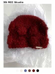 女士花卉头带帽，秋冬新款百搭修脸保暖针织帽，手工钩编花朵甜美复古舒适毛绒拉绒针织帽 - 彩色 - 查看 14