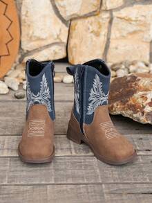 Children's Vintage Casual Embroidered Square Toe Boots, Suitable For All Seasons - Blue - View 10