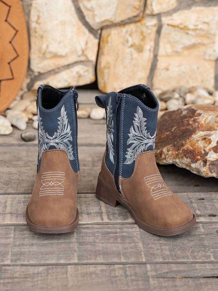 Botas cuadradas bordadas de estilo vintage casual para niños, aptas para todas las estaciones - Azul - Añade 10