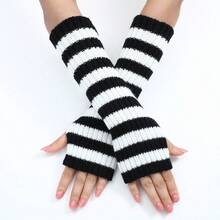 Long Color-Block Striped Wool Gloves Autumn And Winter New Mid-Length Fingerless Women's Warm And Fashionable Knitted Arm Sleeves In Various Colors - 紫色 - 查看 7