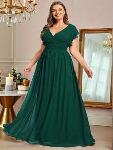 Đầm phù dâu cỡ lớn, tay ngắn, cổ chữ V xếp ly, màu trơn hở lưng, eo cao, gấu váy xếp ly bất đối xứng, chất liệu chiffon màu xanh đậm, phù hợp cho tiệc cưới, mẹ cô dâu, v.v. - Màu xanh lá cây đậm - Xem 5