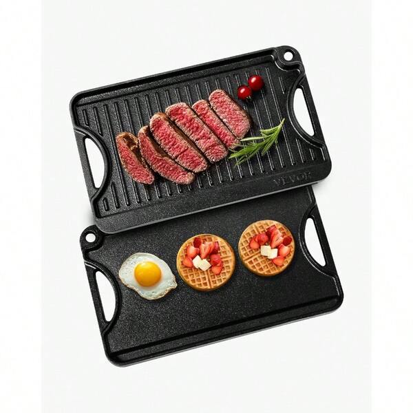 Reversible Grill/Griddle 14x8.5 Inch Pre-Seasoned Cast Iron Griddle Portable Rectangular Pan With Handle Family Cookware For Indoor/Outdoor Stove Top Burner Gas Camping BBQ Blackgift