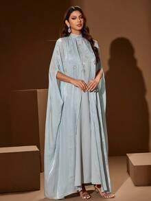 Women's Stand Collar Solid Color 2 In 1 Splice Open Front Sparkling Material Embellished With Rhinestones And Faux Pearls Elegant Maxi Arabic Style Dress, Suitable For Banquet, Daily Wear And Other Occasions Spring - Mint Green - View 4