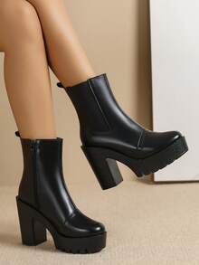 2025 Autumn/Winter New Women's Boots, European And American Fashion Shoes, Thick Heel High Heel Women's Boots, Short Boots, Black, Commuting Zipper High Heel Shoes - Black - View 2