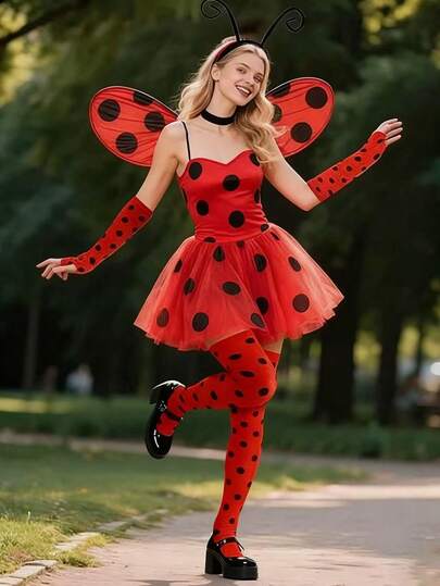 2 件瓢虫服装套装 - 可爱的瓢虫化妆派对装饰道具，红色和黑色波尔卡圆点长袜 + 露指手套，适合圣诞节、狂欢节、新年家庭聚会装扮