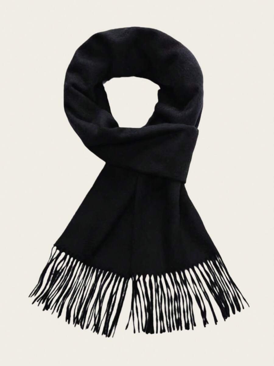 1pc Solid Color Knit Men Scarf, Unisex Warm Long Fringed Scarf, Couples/Boyfriend Gift, Suitable For Autumn/Winter Men Accessories Men Scarves - Black - View 1