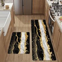 Bright Modern Kitchen White Cabinetry Gold Hardware Black Base White Marble-Like Streaks Gold Veins Dots Runner Rug Stainless Steel Pots Wooden Spoon Countertop Kitchen Items Green Outdoor Scene Patio - 彩色 - 查看 3