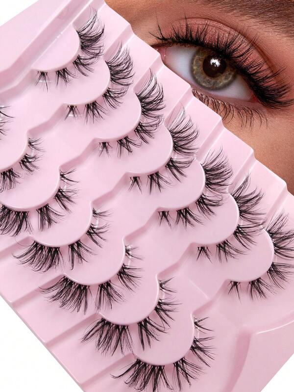 Hinarin HINARIN 7 Paar D-Curl Wimpern Wispy Cluster Wimpern Natürlicher Look Katzenaugen Wimperncluster mit transparentem Band Falsche Wimpern Weiche Manga Wimpern Pack Kurze Anime Falsche Wimpern