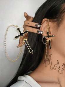 1pc Black Cross Integrated Stud Earring With Chain, Edgy, Fashionable, Suitable For Women's Daily And Festival Wear - 金色 - 查看 2