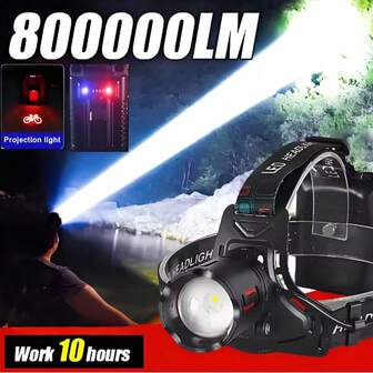 800000LM Ultra Powerful Head Lamp With Projection Light Rechargeable Headlight Zoomable Front Led Head Flashlight Outdoor Riding Suitable For Nighttime Cycling Vehicle Maintenance