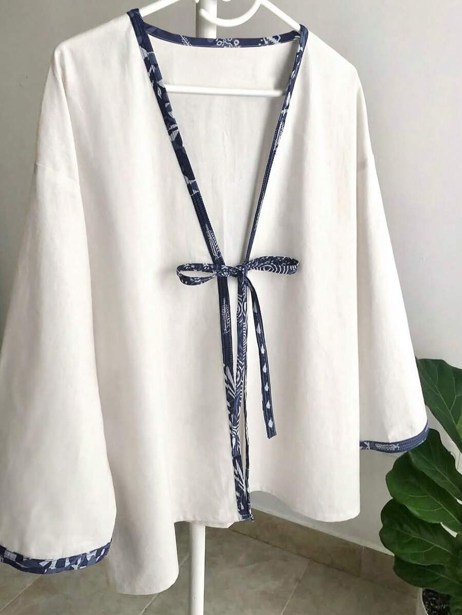 Áo sơ mi nữ thời trang thường ngày phối màu tương phản, viền thắt nút, màu trắng, mùa xuân - trắng - Xem 1