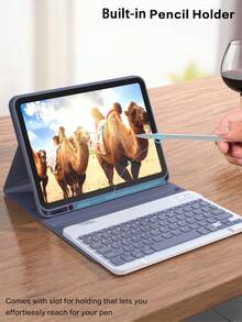 适用于 iPad 的无线键盘保护套，可拆卸皮革保护套带笔槽，支持自动休眠/唤醒功能，内置 150mAh 无线蓝牙键盘，纤薄轻巧支架式保护套 - 浅灰色/紫色 - 淺灰紫 - 查看 6