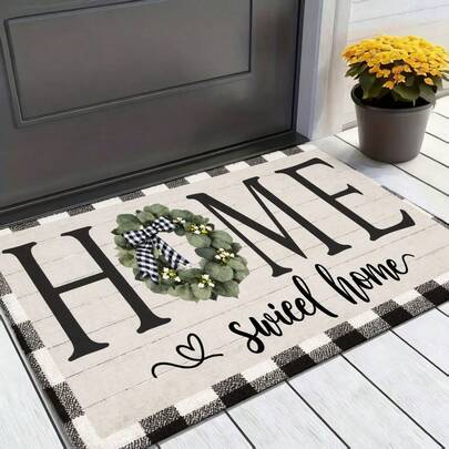 Beige 'HOME Sweet Home' Doormat With Black & White Checkered Border, Green Wreath (White Flowers, Black Bow) For Porch Entryway - Decorative Non-Slip Floor Mat For Outdoor Indoor Use, Front