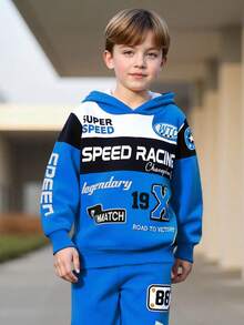 2pcs/Set Boys' Letter Print Hooded Sweatshirt And Pants, Street Fashion Knit Long Sleeve Top And Trousers, Suitable For Spring, Autumn And Winter