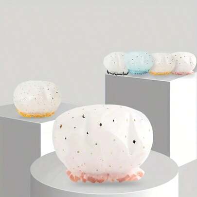 1 件专业级可重复使用浴帽 - 双层防水，适用于沙龙/水疗中心/家庭，可爱的印花荷叶边设计，适合所有头发长度、风格和设计：结合可爱的印花图案（适合日常家庭使用）和整洁的荷叶边饰边（适合沙龙/水疗中心美学）