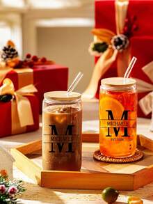 1pc 500ml Personalized Name Custom Large Capacity Glass Cup With Straw & Straw Brush, Bamboo Lid, Mother's Day Gift, Cooling Drink/Coffee/Beverage Cup, Customizable Name, Beer/Juice/Milk/Iced Coffee Cup - Gift For Friends, Couples, Parents, Mother, Classmates, Multi-Functional, Ornamental, Reusable, Exquisite, Stylish, High-Quality, Colorful, Modern, Custom, Personalized, Unique, Ideal Gifts For Him, Ideal Gifts For Her, Boyfriend, Dad, Girlfriend, Mom, Family, Friends, Tea Room, Home, Garden, Office, Brunch-Ready,Home & Living,Christmas Home Atmosphere,Souvenirs,Chic Design