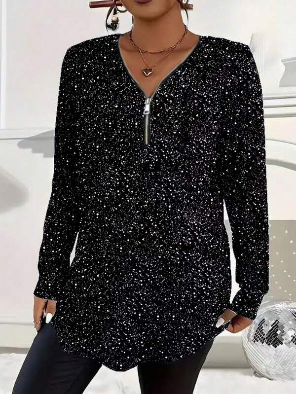 Blusa con cremallera elegante y brillante para mujer de talla grande