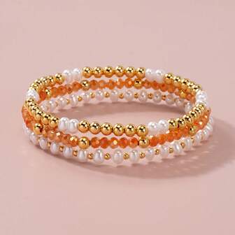 3pcs Women Bracelet Set, Bohemian Style, White Jade Electroplated Red Glass Copper Beads & White Faux Pearl Bracelets, Suitable For Daily Wear Or As Gifts For Holidays, Parties, Beach Vacation
