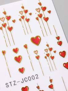 2pcs Red Heart Nail Sticker With Shiny Golden Stripe Line Design Valentine's Day Romantic Self-Adhesive Acrylic Nail Art Decals For DIY Manicure Nail Art Charms Nail Supplies - Multicolor - View 4