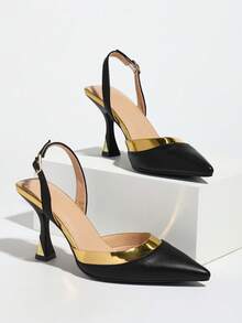 女士经典撞色尖头高跟鞋，时尚后跟露趾高跟鞋，优雅女士猫跟鞋，黑色高跟凉鞋，可搭配夏季连衣裙，百搭优雅派对礼服鞋，秋冬双色PU高跟鞋，女士正装黑色高跟鞋，简约办公室工作鞋，晚宴派对高跟鞋/夏季女士凉鞋 - 黑色 - 查看 5