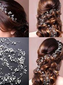 手工银质新娘头饰，镶嵌仿珍珠和水晶，适合搭配婚纱、伴娘、派对、舞会等场合。头链、发饰、发饰、女士珠宝、皇冠、头冠、头饰、女士发饰 - 彩色 - 查看 4