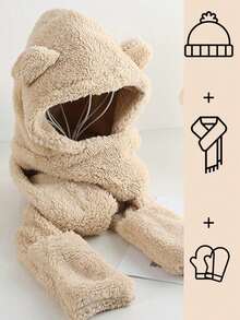 3 件套秋冬保暖泰迪熊套装：厚重高克重帽子，带耳罩、围巾和手套，毛绒拉法帽