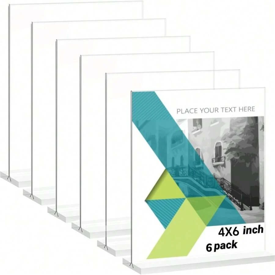 6pcs 4"X6" (Approx. 10 X 15 Cm) Acrylic Sign Holders - Transparent T-Shape Tabletop Menu Display Stands - Double-Sided Picture/Flyer Holders For Office, Shop, Restaurant, Hotel