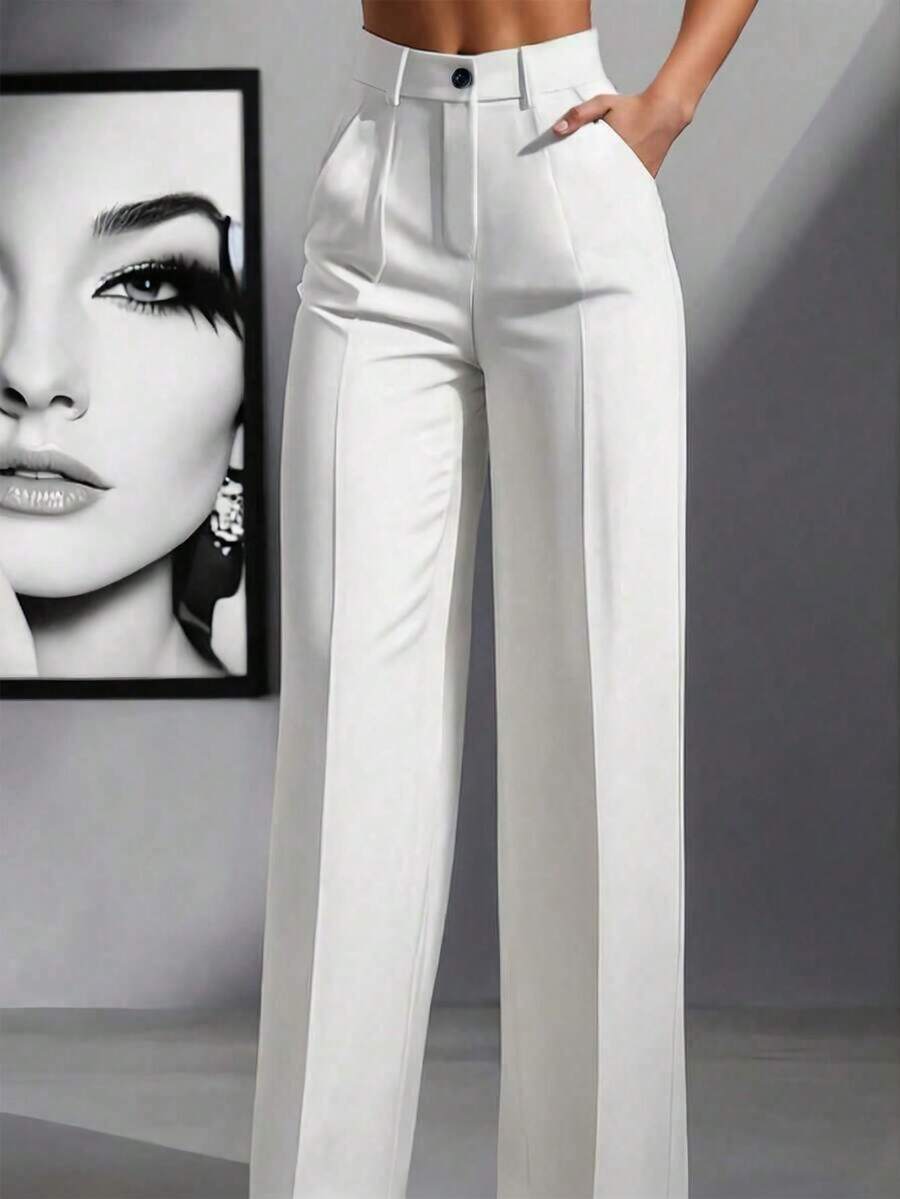 New Stylish High-Waisted Straight Leg Flared Minimalist Suit Pants For Women - White - View 1
