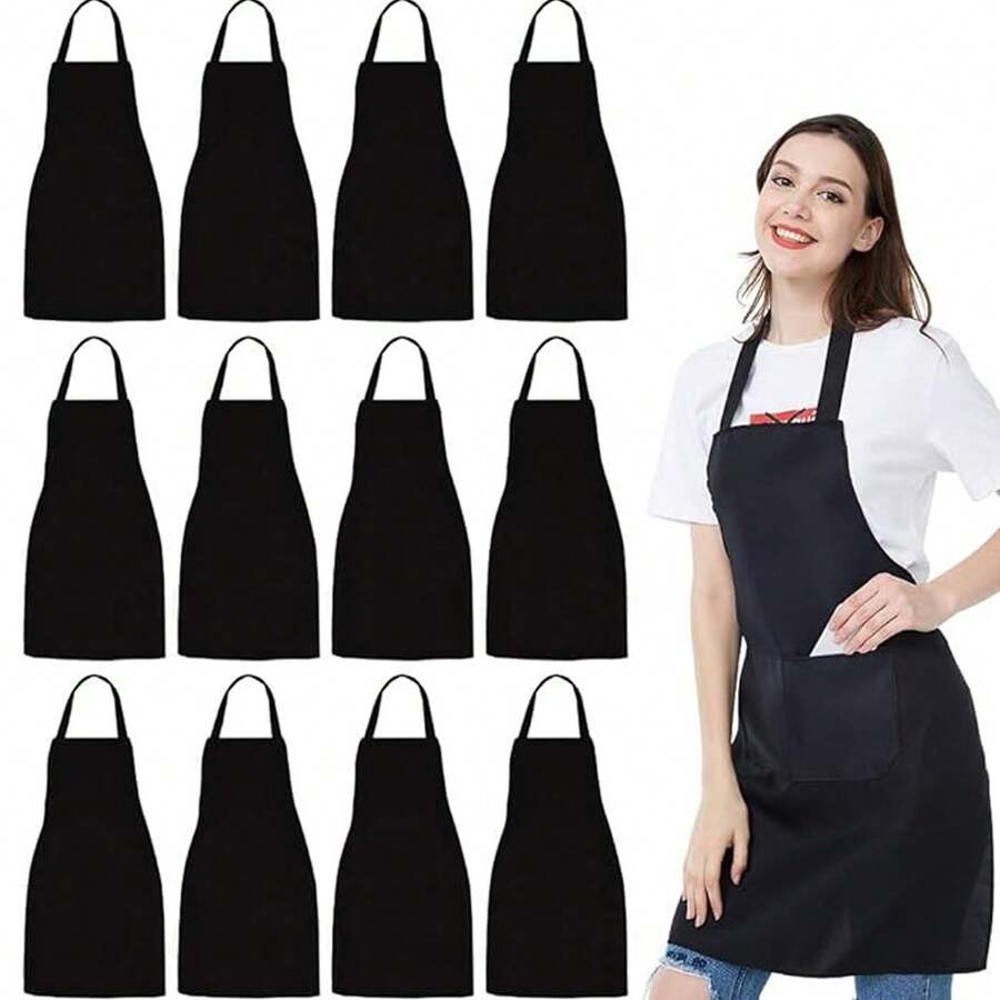 12 delantales lisos con 2 bolsillos - Delantal unisex comercial, lavable a máquina, ajustable, para hombres y mujeres, para camarera, resistente a las gotas de agua, para cocina, barbacoa, chef, camarero, restaurante, pintura y manualidades. - Negro - Ver 1