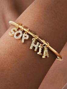 1 pièce Bracelet personnalisé minimaliste avec lettre en strass, en acier inoxydable, design fermé, bracelet de couple, cadeau pour elle (Taille : 6,3 cm/2,48 pouces, avec boîte cadeau) - Multicolore - Voir 14