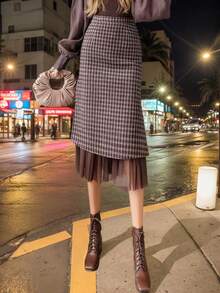 Elegant Women's Split Maxi Skirt, Plaid High Waist A-Line Mid-Length Skirt, Suitable For Spring, Autumn And Winter - Brown - View 5