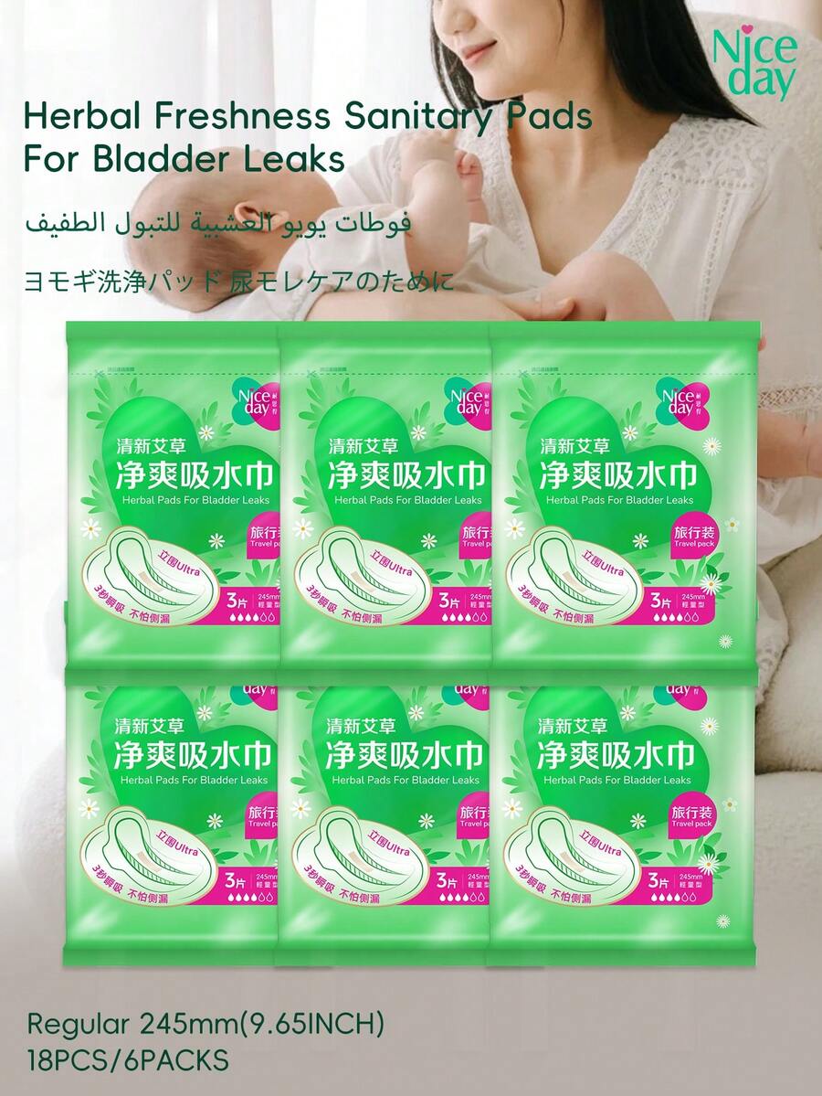 Niceday 18片/6包 245mm轻度失禁护垫 艾蒿洋甘菊卫生巾 日用护垫 迷你卫生巾 除臭 暖宫 女士卫生巾 超强吸收 无侧漏 透气干爽 孕妇老人适用 - 245mm(18pcs/6packs) - 查看 1