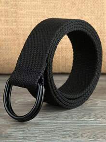 男女通用双环帆布腰带，黑色D形环皮革腰带，带半圆形环和加长帆布袋 - 黑色 - 查看 5