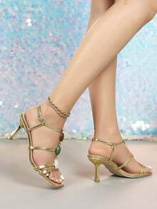 Women's Fashion Elegant Colorful Gemstone Decor Stiletto Heel Roman Sandals, Suitable For Travel, Party, Ball,Spring Summer Outfits - Gold - View 5