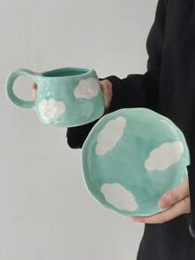 Cabin Kangaroo Ins风格，法式复古风格，手工捏塑手绘，不规则陶瓷咖啡杯碟，手工捏塑痕迹，手绘图案，艺术气息浓厚，高档甜点碟，下午茶，提升格调