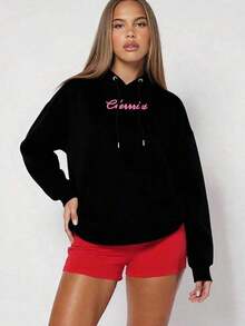 Women's Hoodie, Fleece-Lined Warm Pullover With Pocket, Loose Fit For Fall & Winter - Soft Everyday Outerwear, Bow & Cherry Print, Cute Casual Fall Outfit, Tops For Women,  Outfits - 黑色 - 查看 3