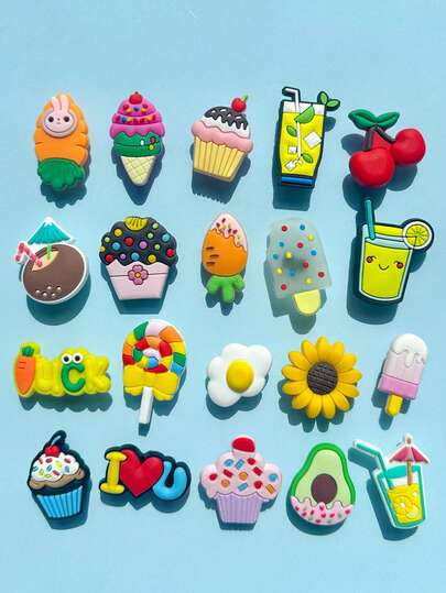 20 Pieces Of The Summer Fresh And Light Series, Summer-Themed PVC Wall Decorations, Colorful Shoe Bag DIY Accessories, Fashionable Accessories And Handicrafts - Bright Mixed Colors And Interesting Designs Featuring Cakes, Lollipops, Beverages, Avocados And Tropical Patterns - Birthday Party Gifts, DIY Handicrafts, Colorful Shoe Accessories For Bracelets And Pendants | Colorful Shoe Decorations | Glossy Surface