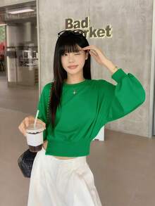 女式休闲纯色腰部抽绳纽扣设计灯笼袖运动衫，秋季 - 綠色 - 查看 2