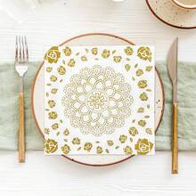 80/40/20 szt. 13 * 13-calowe złote serwetki jednorazowe z wzorem róż i mandali, odpowiednie na Boże Narodzenie, imprezy noworoczne lub wesela tematyczne, przyjęcia urodzinowe, uroczystości świąteczne, kolacje rodzinne, pikniki na świeżym powietrzu, papier dekoracyjny do restauracji i kawiarni