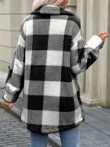 Plus Size Women's Black & White Plaid Single-Breasted Pocket Fuzzy Jacket