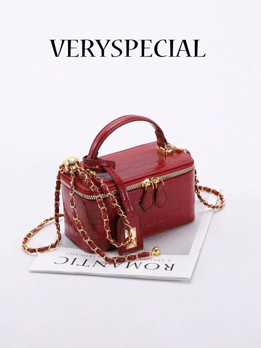 1 件优质红色鳄鱼压纹拉链小方包，时尚 PU 绗缝钻石缝线盒子包，百搭拉链小方包，女士手提包配链条肩带