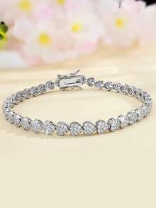 1pc Classic Tennis Style Copper Bracelet, Inlaid With Sparkling Cubic Zirconia, Suitable As Accessory, Jewelry Or Gift For Any Occasion, Unisex 6-7.5 Inches - Heart-shaped - View 2