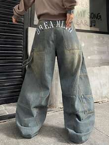 1件复古做旧拼接刺绣阔腿牛仔裤，宽松舒适休闲街头风男士长裤，适合所有季节（不含腰带和配饰） - 藍色 - 查看 2