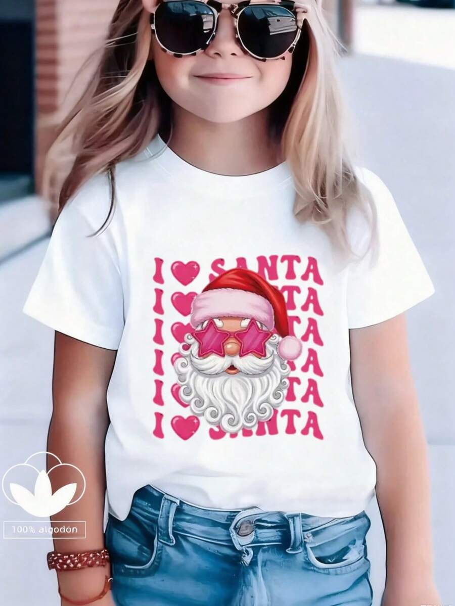 Esta nueva y moderna camiseta de manga corta 100 % algodón para niña luce un estampado navideño. Esta camiseta holgada, informal y versátil está confeccionada con un tejido suave y agradable para la piel de tu bebé. Ya sea para una reunión familiar, un evento escolar o una salida para jugar al aire libre, esta camiseta permite que tu hija se mueva con libertad y comodidad. - Blanco - Ver 1