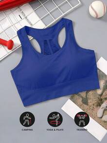 Plus Size Women Seamless Knit Sports Bra With Removable Cups - Blue - View 7