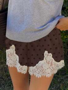 Women Y2k Satin Silk Lace Trim Shorts Polka Dot Lace Floral Patchwork Silky Slip Shorts Comfy Pajamas Bottoms Satin Pettipants French Knickers Casual Lounge Pj Silk Shorts - 棕色 - 查看 4