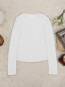 Y2K Elastic Sheer Long Sleeve Crew Neck Fitted T-Shirt Top - White - View 2