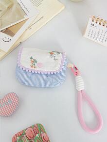 1 Piece Cute Embroidered Love-Shaped Pattern Card Bag Cute Strip Print Bluetooth Headphone Storage Bag Mini Makeup Hanging Bag Pink Floral Pattern Makeup Pouch Colorful Wrist Band Coin Purse Flip-Up Design ID Card Organizer Bag Charger Bag Charger Case Waterproof Bag For Women For Men Electronic Organizer Travel Essentials